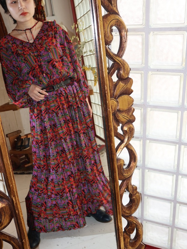 80s Diane Freis frill collar dress【1783】