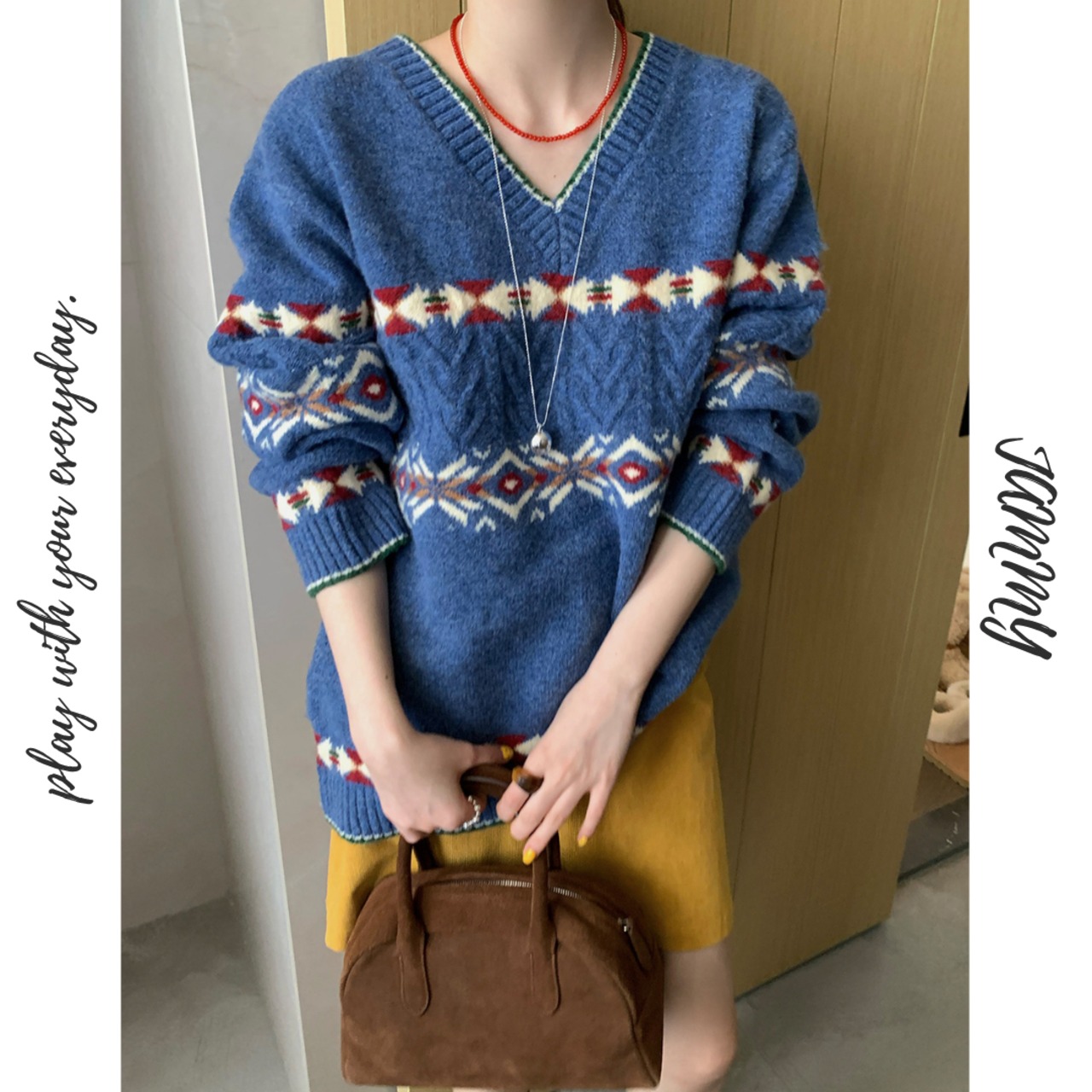 color block v-neck knit　J00259
