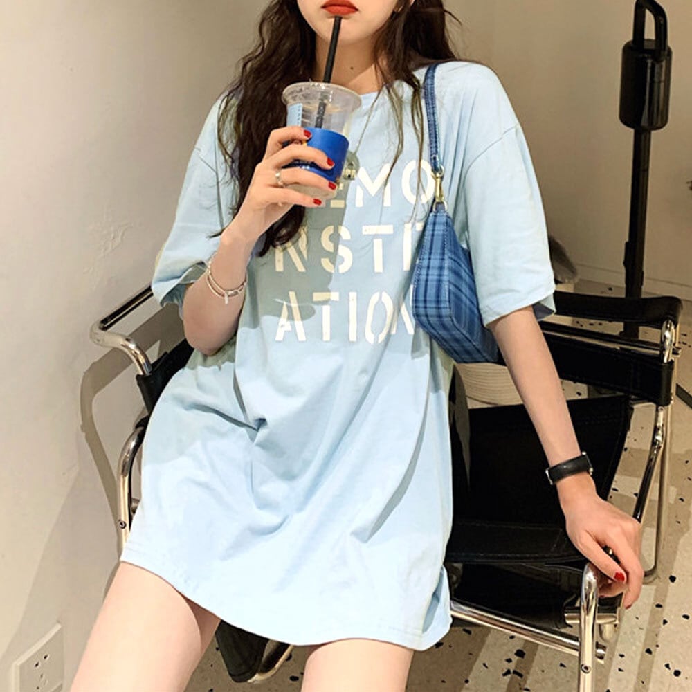 ロング ロゴ Tシャツ レディース 半袖 春夏秋 韓国 ストリート 大人
