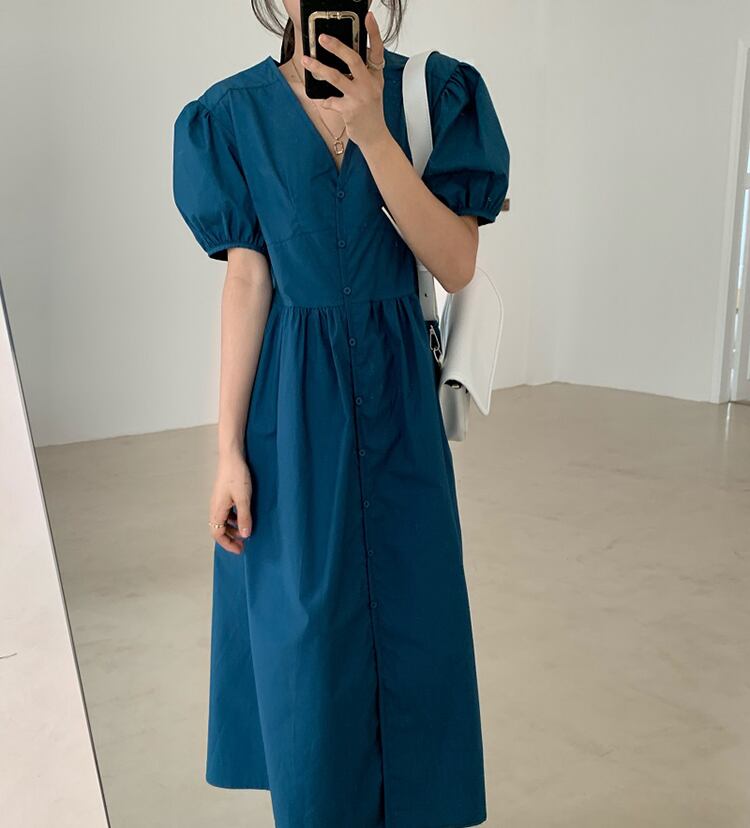 バックルーズドレス サマー薄手Vネックスリーブスカート 夏物 ビッグFスモールZ韓国36125418807