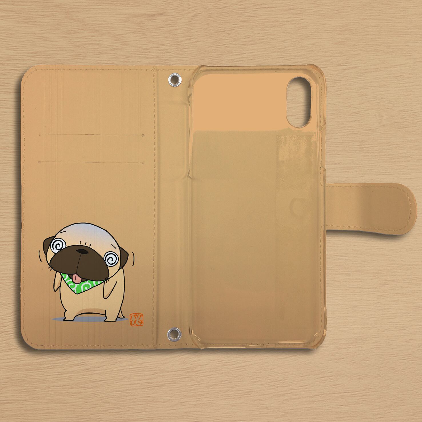 スタンド付き 両面印刷 手帳型 iphoneケース パグピラミッド（フォーン）