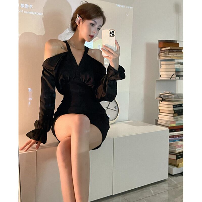 ストラップレスホルタードレス ブラックハイウェストウェストスカート オータムスタイル ストリート 秋物 ピュア ガールズファッション22610919856