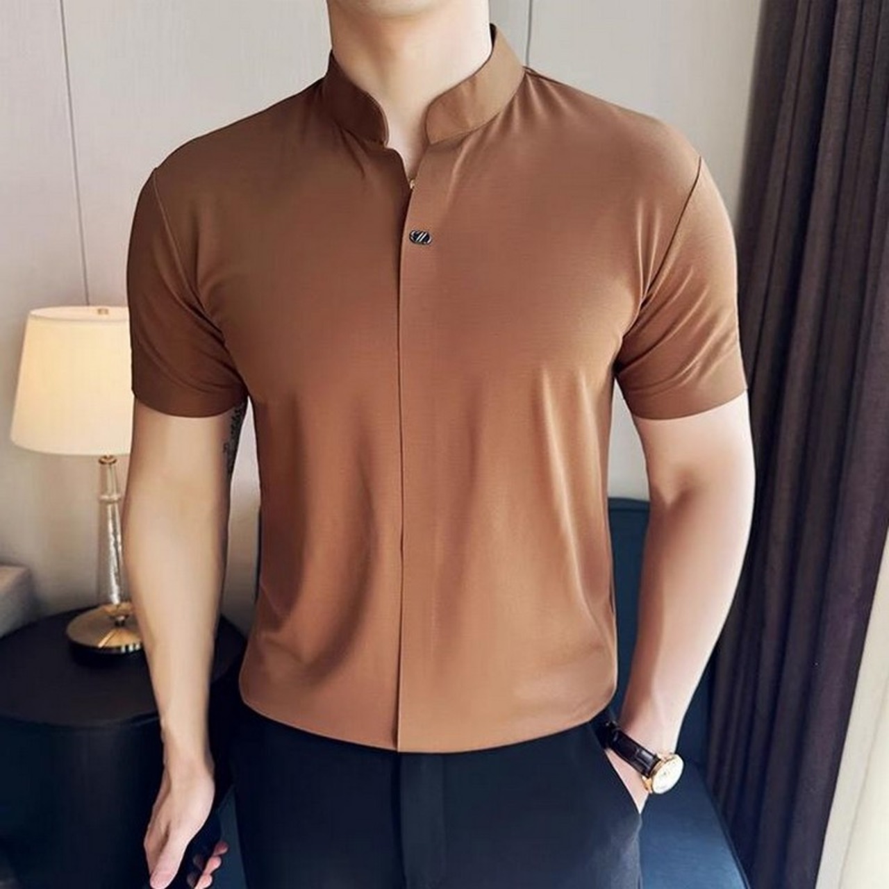 v-neck ice silk short sleeve shirt 00289