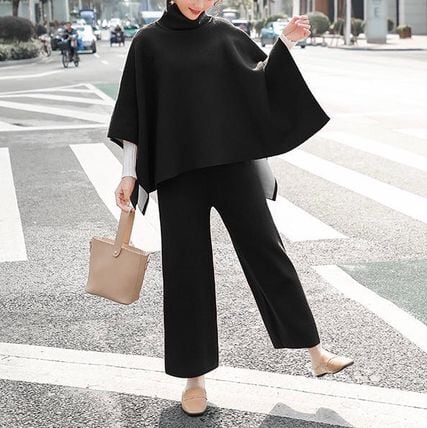 ポンチョライク ニット セットアップ ニットポンチョ ハイネック ウールニット セットアップ 上下セット