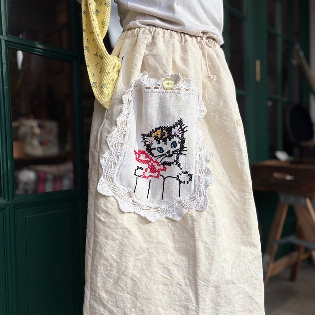 Cat Handle- Embroidered France Linen Skirt
