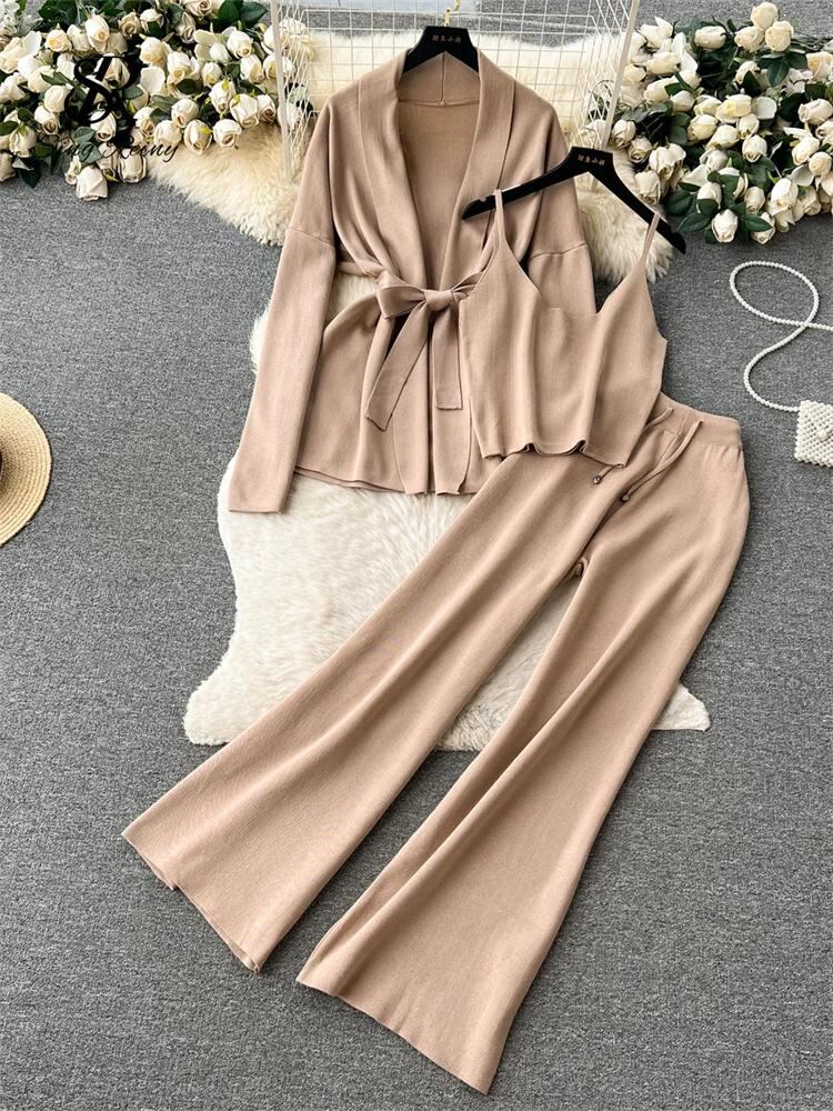 Sing補強-女性用スリーピーススーツ,ルーズフィット,カーディガン,タンクトップ,ドローストリング,ワイドレッグパンツ,無地,秋のファッション_339