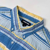 LANDS' END ランズエンド ボーダー柄 シアサッカー 半袖シャツ サイズ L /メンズ/ブルー×水色×イエロー
