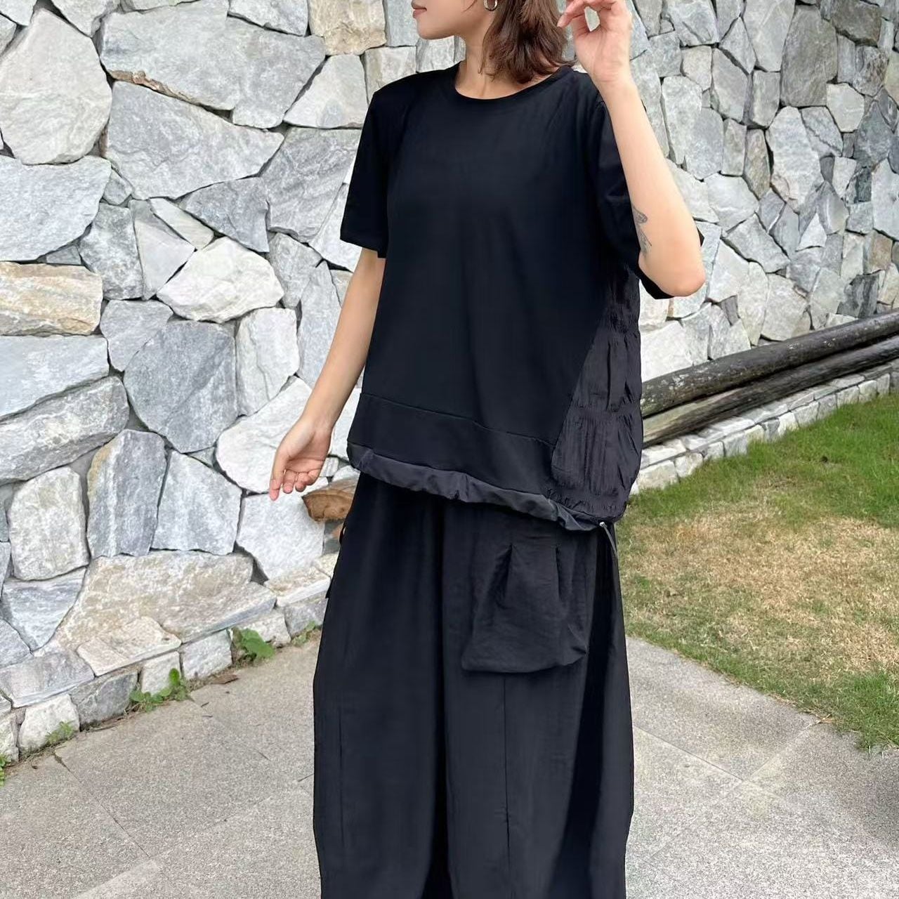 ASYMMETRIC DRAWSTRING HEM PANEL SLEEVE TOP M- M-17902