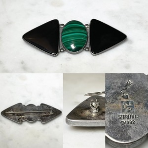 vintage c1992 silver onyx & malachite brooch