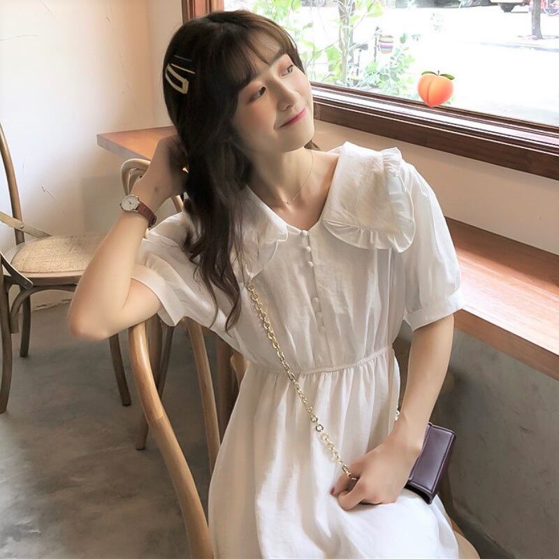 送料無料 好印象白ワンピ ワンピース ビッグカラー ひざ丈 フレア パフスリーブ 清楚 爽やか レトロ ガーリー モテコーデ Lamitte Deco トレンド 韓国ファッション ショップ