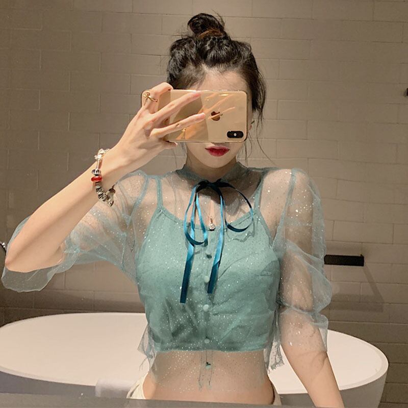 非常に妖精のフレンチニッチレース蝶結び気質メッシュトップ+伸縮性キャミソールファッションスーツトレンド YY-ファッション60785490390