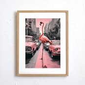 Flamengo Trip｜都会を旅するフラミンゴのコラージュアート｜ピンク×ブラックが映える遊び心の額縁付きポスターA4ポスター