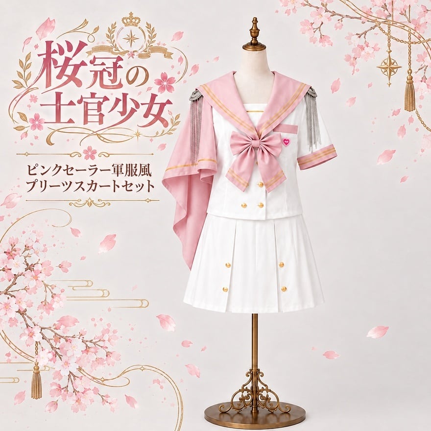 桜冠の士官少女 ピンクセーラー軍服風プリーツスカートセット