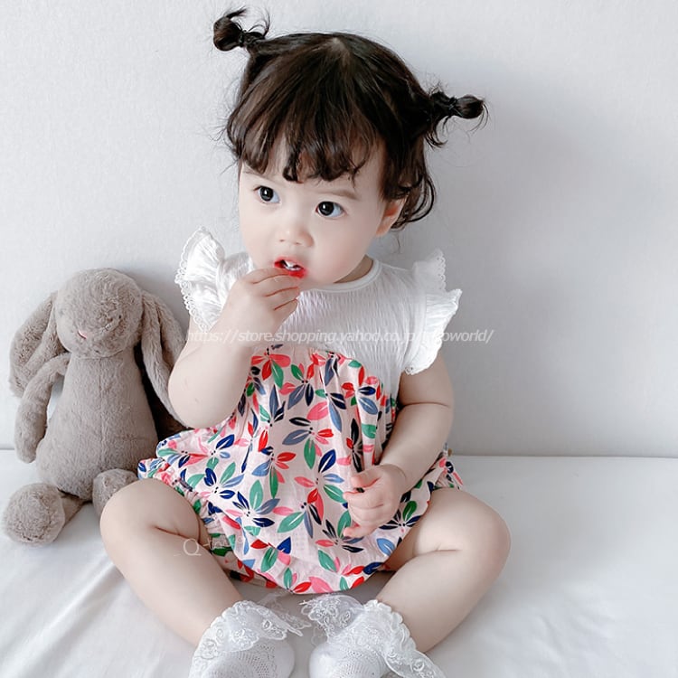 60 90 ロンパース フリル 花柄 全２色 ベビー 韓国版 韓国子供服 女の子 男の子 キッズ 子供服 Q Toworld キュートワールド 子供服