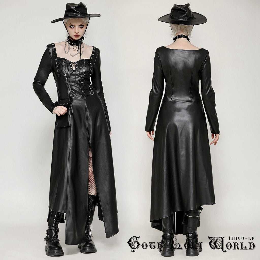 即納/送料無料】DW1056 パンク フェイクレザー ロング丈 ワンピース