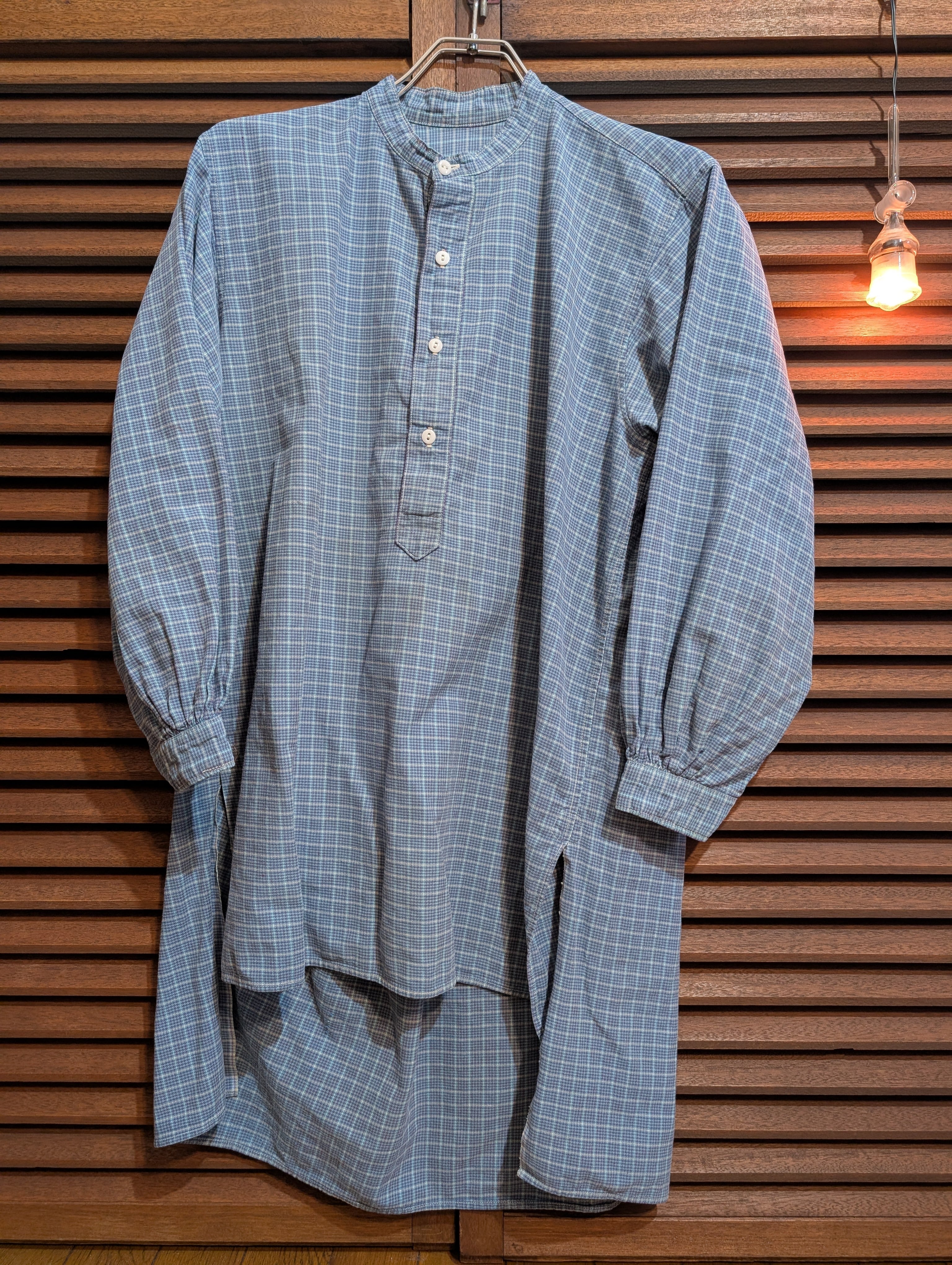 30-40s France Granpa Shirt Green Purple Check Milkglassbutton Gusset