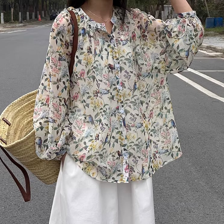 botanical print collarless blouse 14347