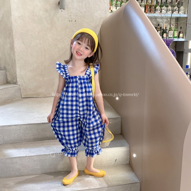 【90㎝-140㎝】オールインワン　つなぎ　チェック柄　ブルー　韓国版　女の子　韓国子供服　子供服　キッズ　