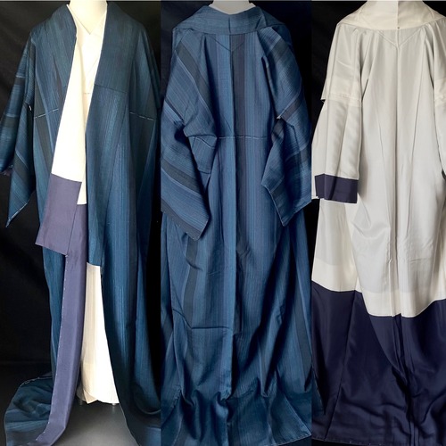 〈藍と濃紺の縞の紬着物〉手織り節　SALE トール　仕付け付き　未使用品　普段着着