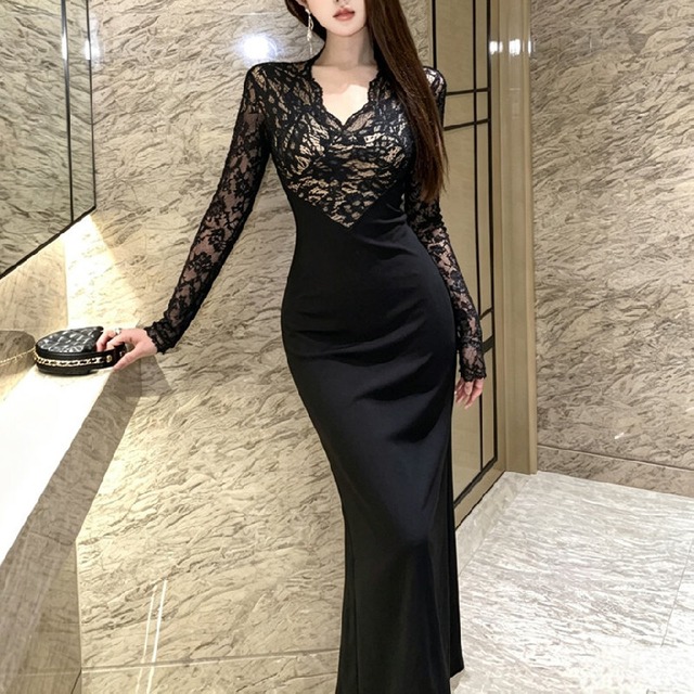 ワンピース Vネック セクシー レース 長袖 フィットウエスト ブラック S M L