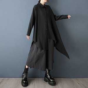 BLACK ASYMMETRIC A-LINE MIDI SHIRT DRESS 1color M-14847