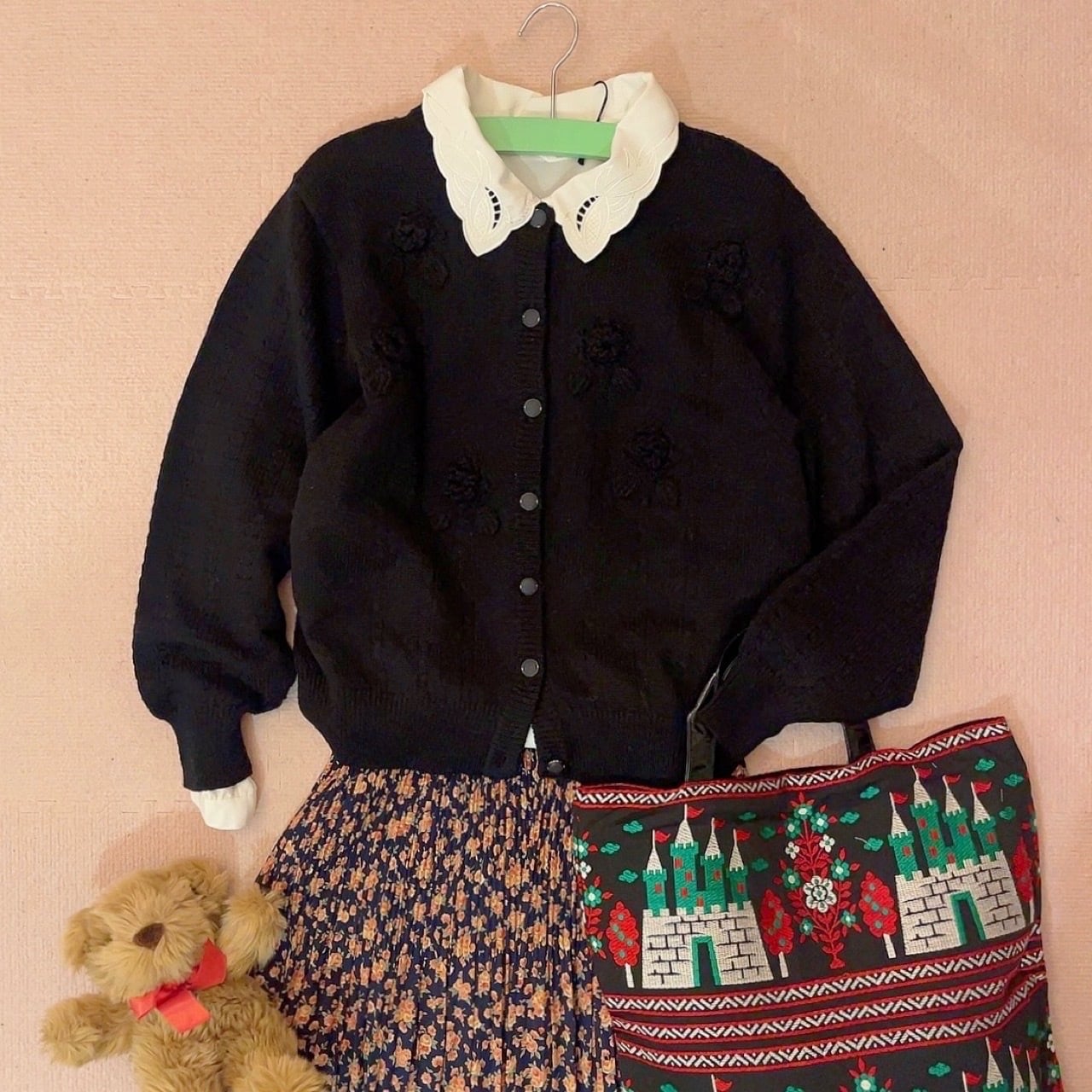 black flower motif knit cardigan
