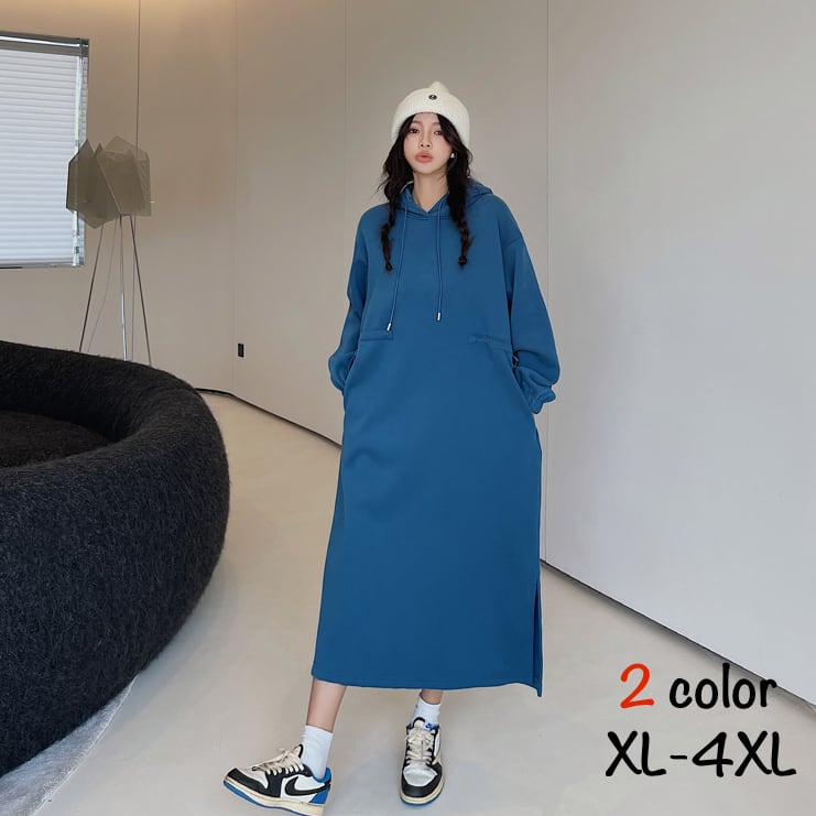 ワンピース ロングワンピース ロング丈 レディース 長袖 フード付き プルオーバー ルーズウエスト 無地 シンプル 楽ちん カジュアル シック レトロ 大人可愛い お洒落 大人 秋 冬 ブルー 青 ブラック 黒 XL 2XL 3XL 4XL 普段着 普段使い 日常使い お出かけ デート 女子会 休日 コーデ コーディネート オルチャン 韓国 ファッション お取り寄せ 送料無料 hll-0130