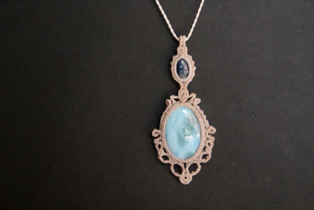 Larimar & Kyanite micro macrame pendant