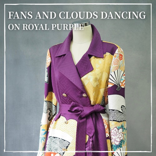 Regenerated Kimono Royal coat – Handcrafted in Japan/FANS AND CLOUDS DANCING ON ROYAL PURPLE  着物リメイクのロイヤルコート｜日本のヴィンテージシルクを再生した一点物/ロイヤルパープルに舞う、扇と雲の祝祭