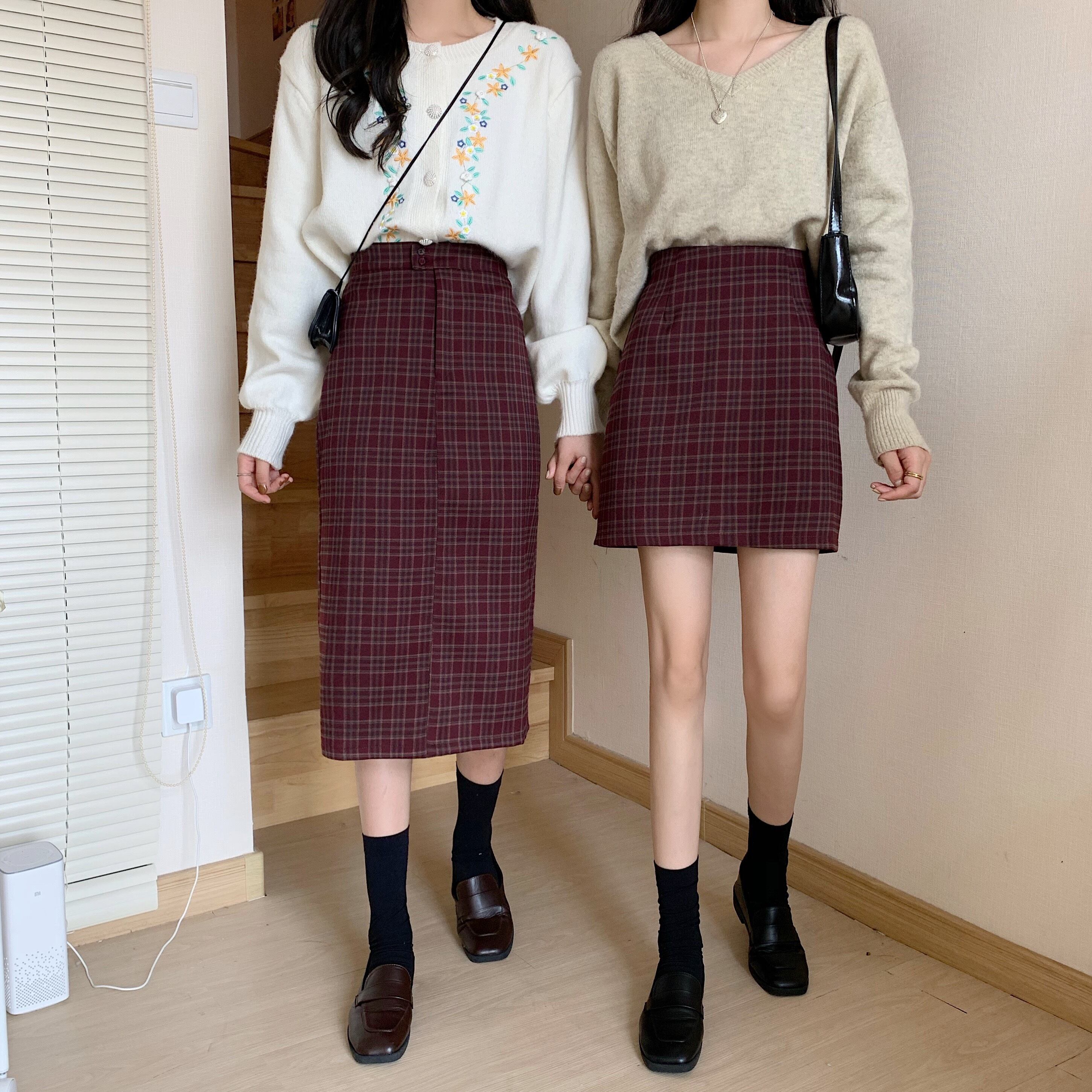 着丈選べるチェックスカート スカート チェック ハイウエスト ミディ丈 ミニスカート デート オフィス 着回し Luluca 韓国トレンドファッションluluca ルルカ