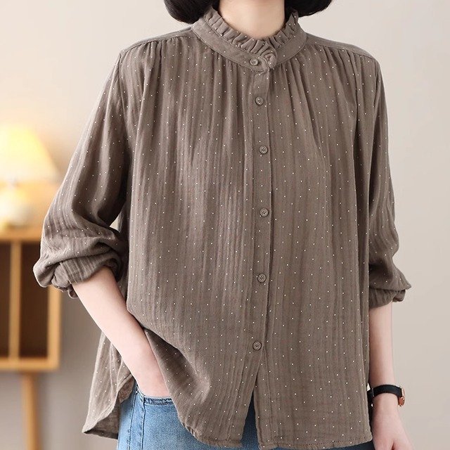 レディース トップス シャツ ブラウス 前開き 長袖 襟付き スタンドカラー フェミニン ボタン 薄手 かわいい 大人可愛い きれいめ シンプル カジュアル 上品 おしゃれ レトロ こなれ感 ラフ ガーリー ルーズ 個性的 エレガント モダン 主役級 存在感 とろみ感 抜け感 ラブリー キュート 都会的 ベーシック ロマンティック ナチュラル ドット柄 水玉 春 ママ デート お出かけ 旅行 レストラン 女子会 休日 ショッピング お花見 カフェ コーデ 普段使い モテ 清楚 M L XL 2XL ゆる