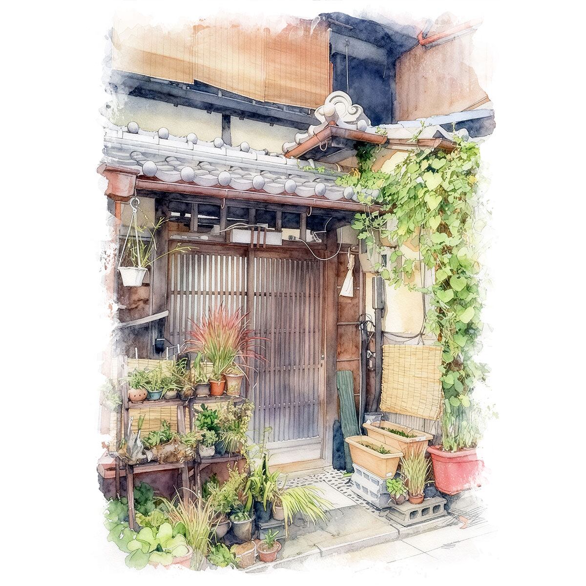 絵画 風景画 日本 京都府 京都府 の古い家 インテリアアート額付き 水彩画風 WAT1681