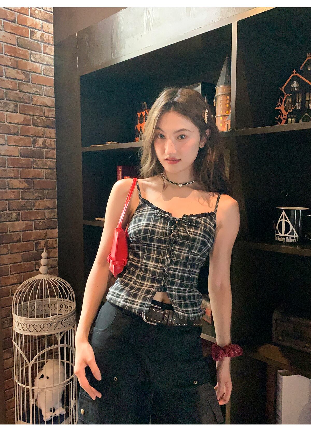 激レア　希少　アンティークレース　バレエコア　キャミソール　ノースリーブ トップス キャミソール チェック柄 レース 袖あり レトロ バレエコア