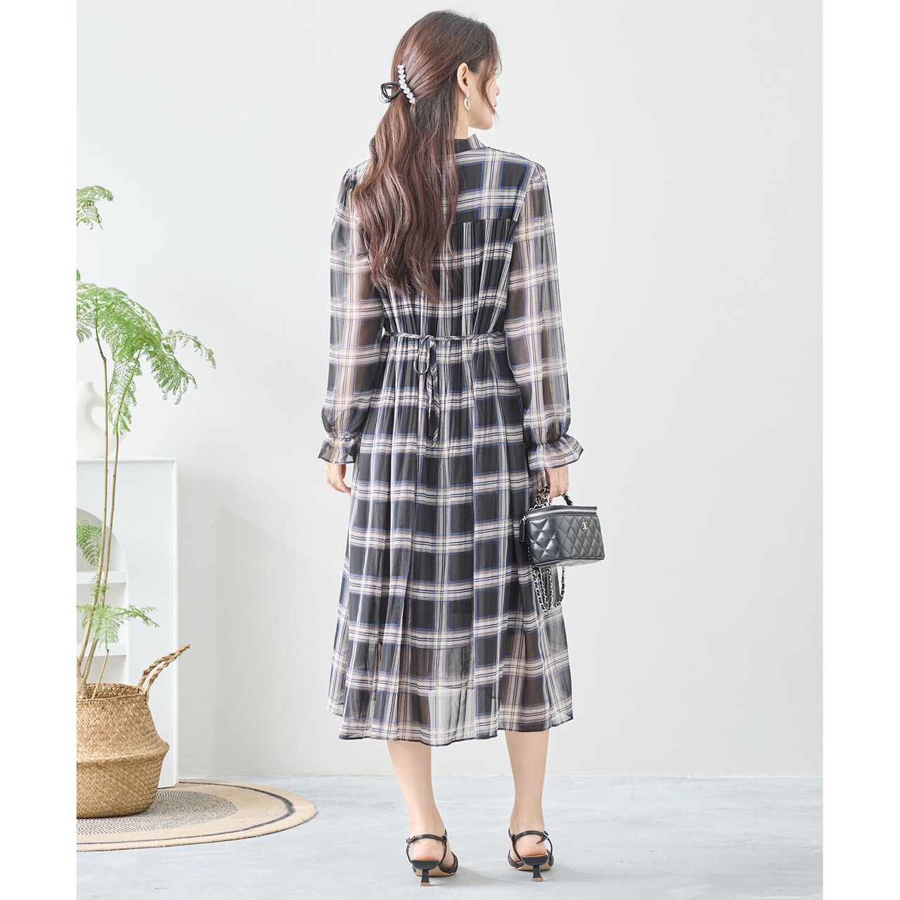 reve bleu シフォンボウタイチェック柄ワンピース【M~L】ブラック