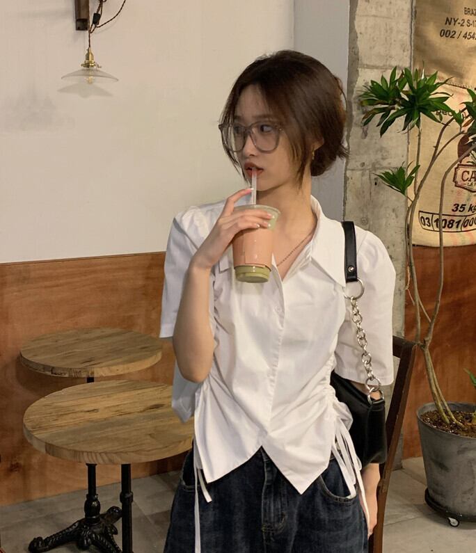 ホワイトショートシャツ 薄手サマートップス レース 夏物 レースアップ モンロー88881980995