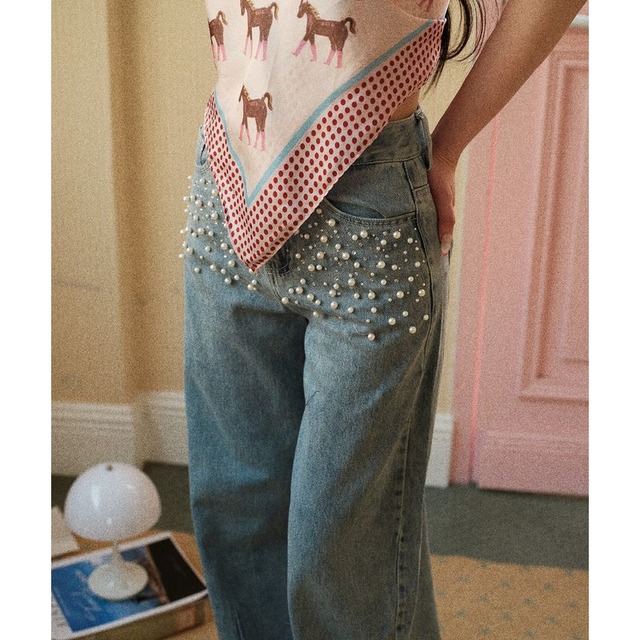 パール付きカーブデニムパンツ 0247