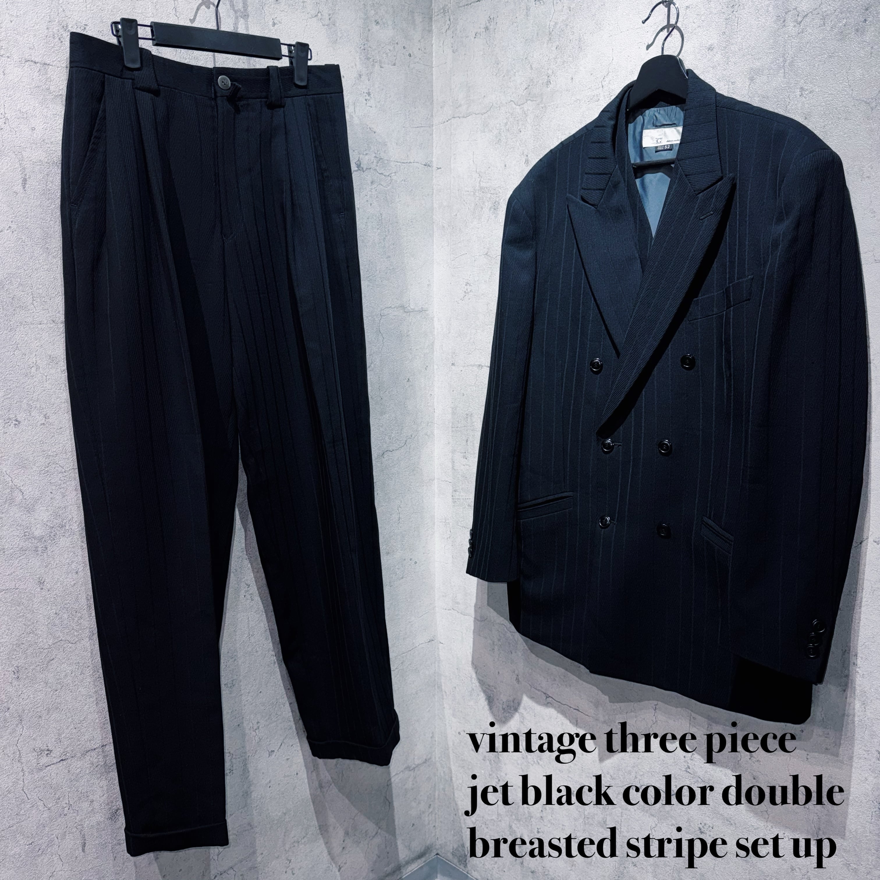 vintage three piece jet black color double breasted stripe set up