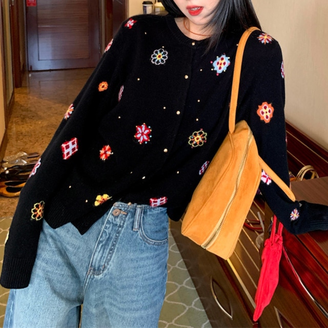 flower motif embroidered knit cardigan J00188