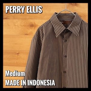 【PERRY ELLIS】ブラウン ストライプ 長袖シャツ Mサイズ ペリーエリス US古着 アメリカ古着