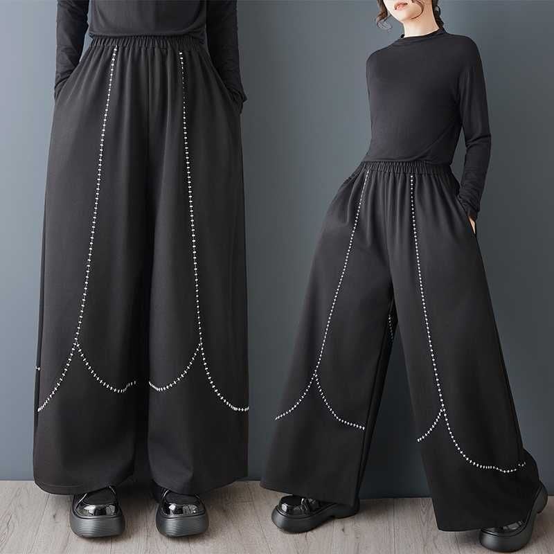 BLACK ELASTIC WAIST WIDE LEG DESIGN PANTS 1color M-15842