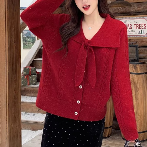 2色／リボンビッグカラーケーブルニットカーデ ・73959