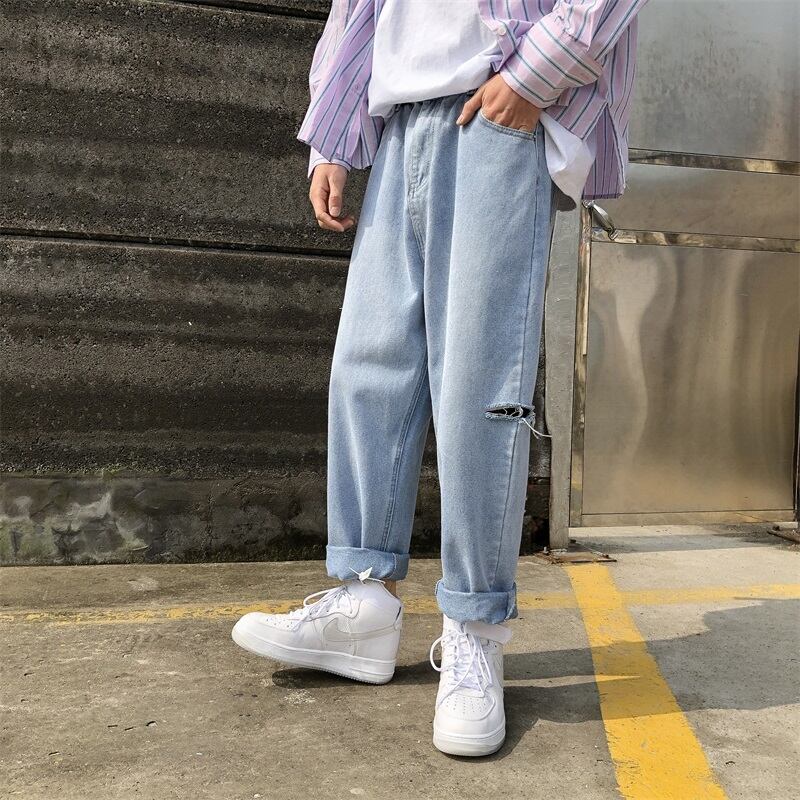 全1色 デニム パンツ ストレート カジュアル クラッシュ 無地