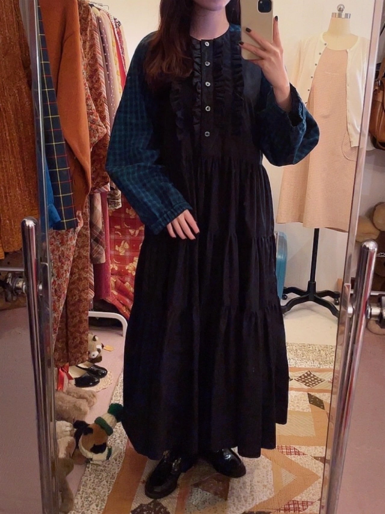 original / black × green check raglan sleeve one-piece