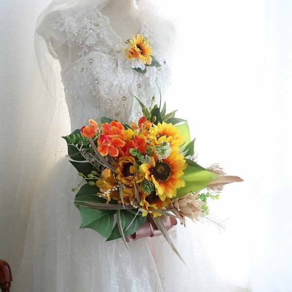 結婚式　ブーケ4点セット ひまわり 南国 夏婚 クラッチブーケ フォトウェディング 400