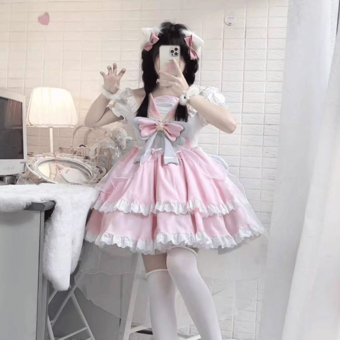 甘ロリワンピース♪リボン×フリル×パールで可愛い❤️女子会やお出かけに！ 新品未使用甘ロリワンピース♪リボン×フリル×パールで可愛い