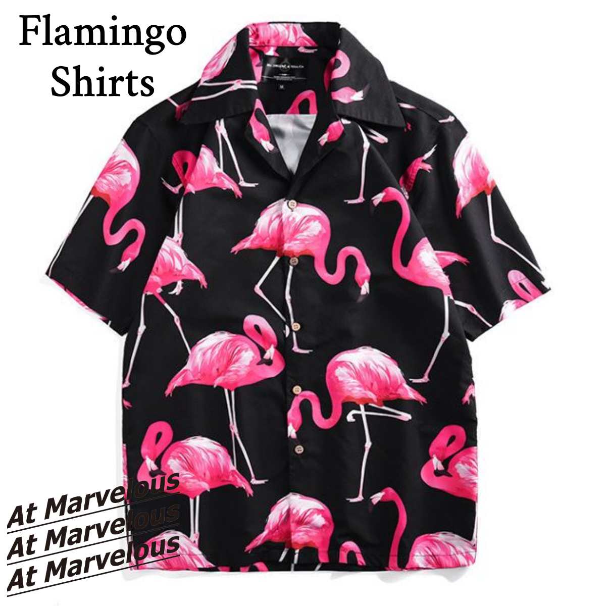 フラミンゴサテンシャツ メンズ 半袖シャツ ストリート系 リゾート テロシャツ アロハ おしゃれ 柄