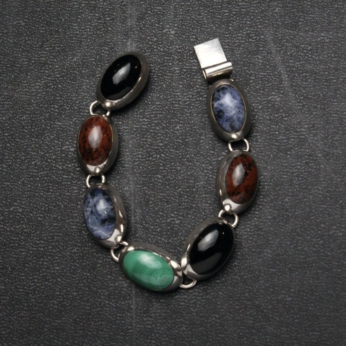 Vintage Taxco Multi Stone Silver Chain Bracelet [MEXICO TAXCO 925 & Multi Gems] Round Design 15mm
