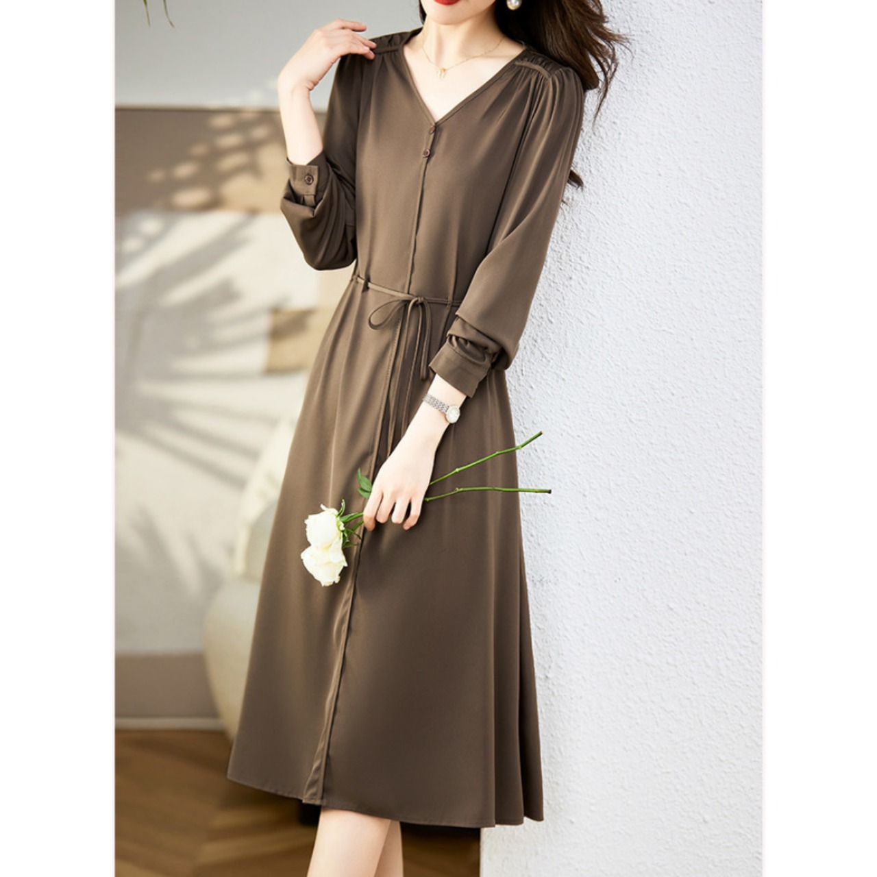 Aライン ウエストマーク ドレープシャツワンピース 3Type W01422