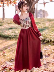 【0101】Red Flower Vintage Long Sleeve Dress