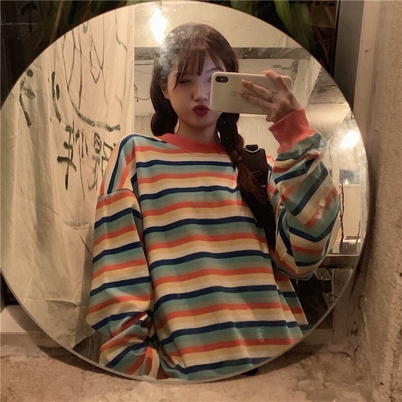 ストライプセーター スプリングルーズ薄手トップス ロング 春物 YY-ファッション71590977860